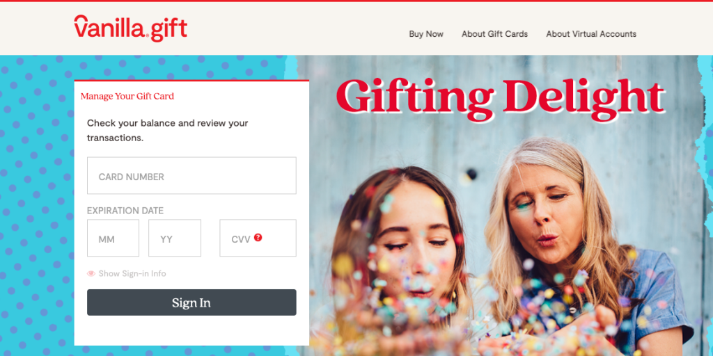 vanilla gift card login