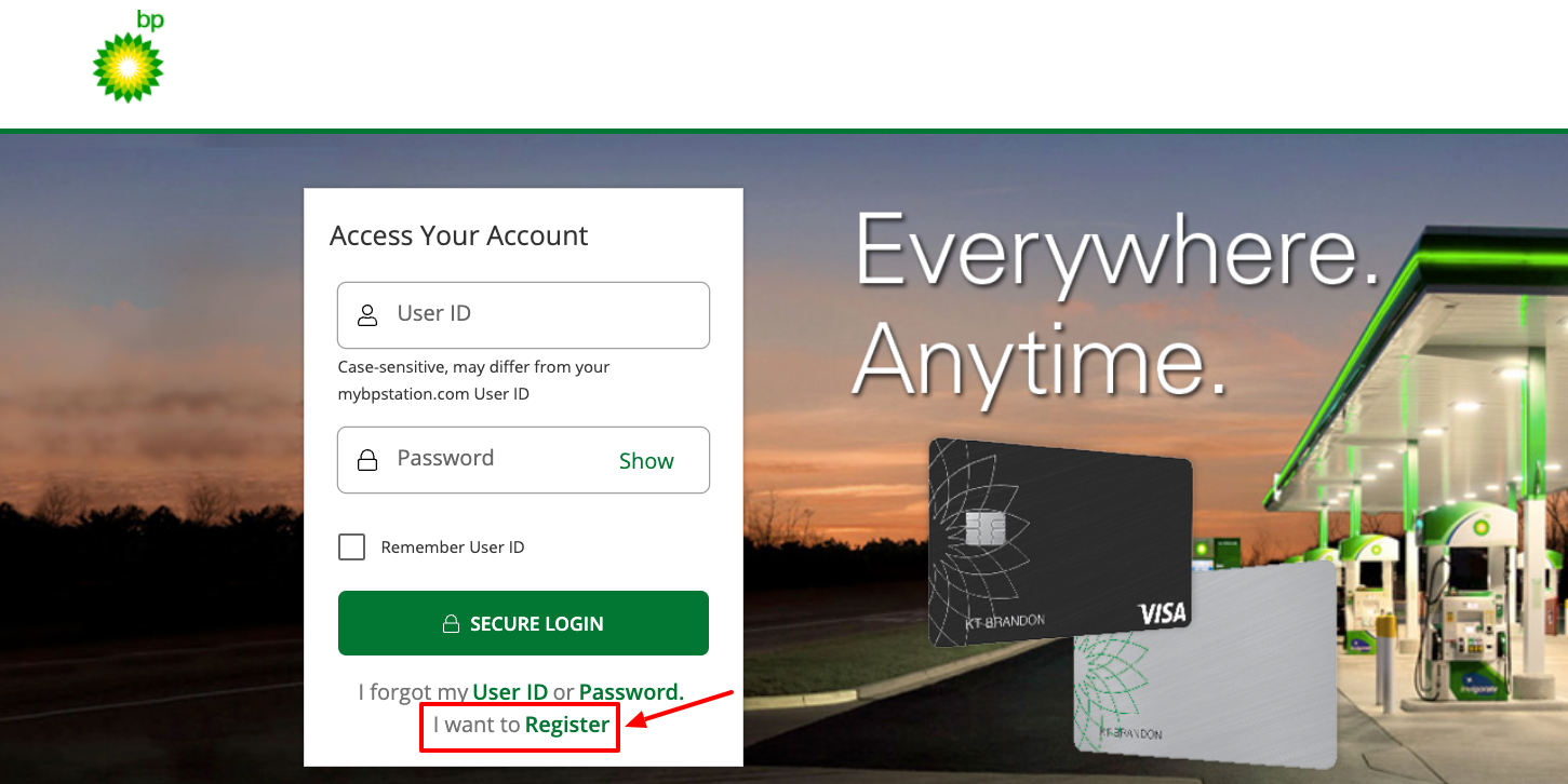 bp gas card register
