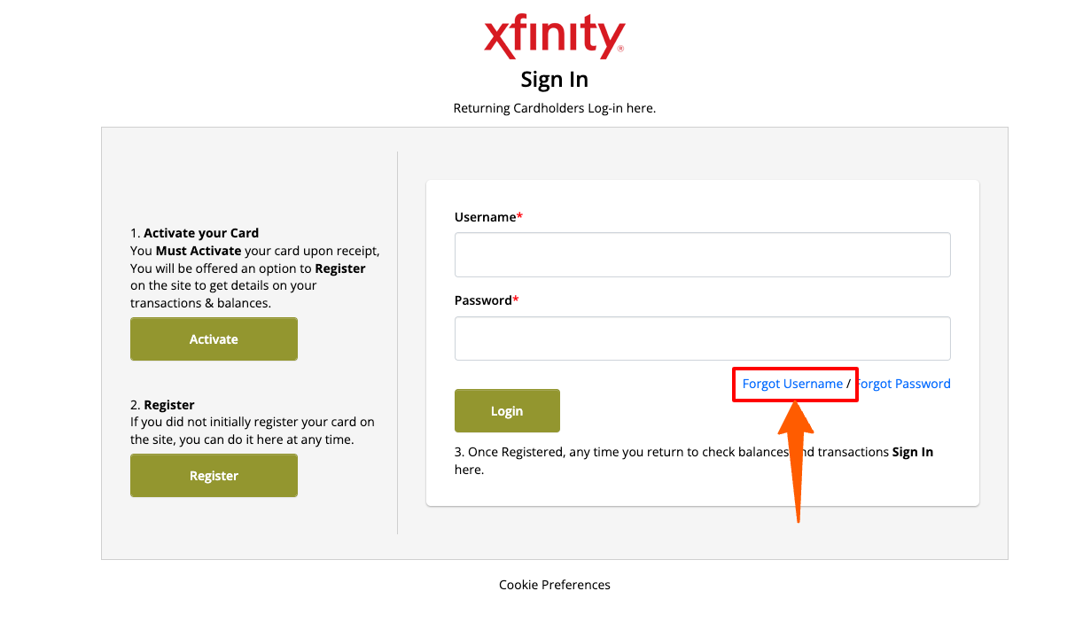 xfinity prepaid card forgot username